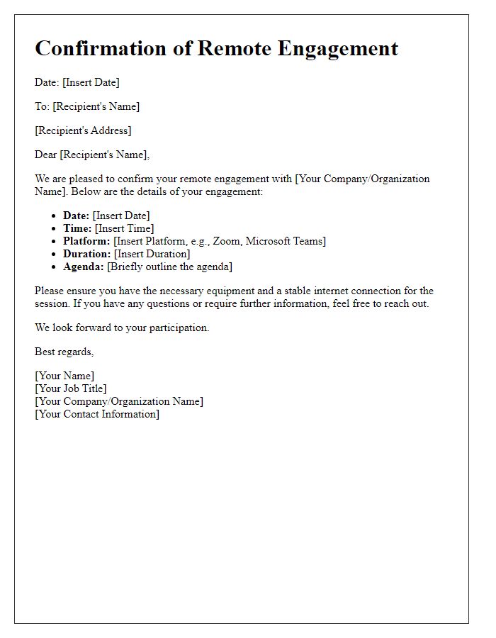 Letter template of confirmation for remote engagement