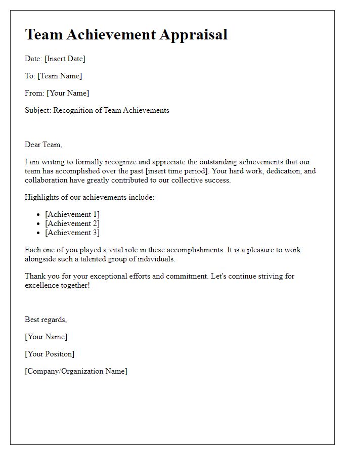 Letter template of team achievement appraisal