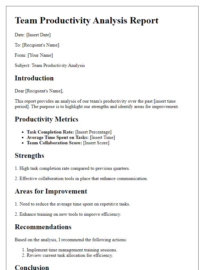 Letter template of team productivity analysis