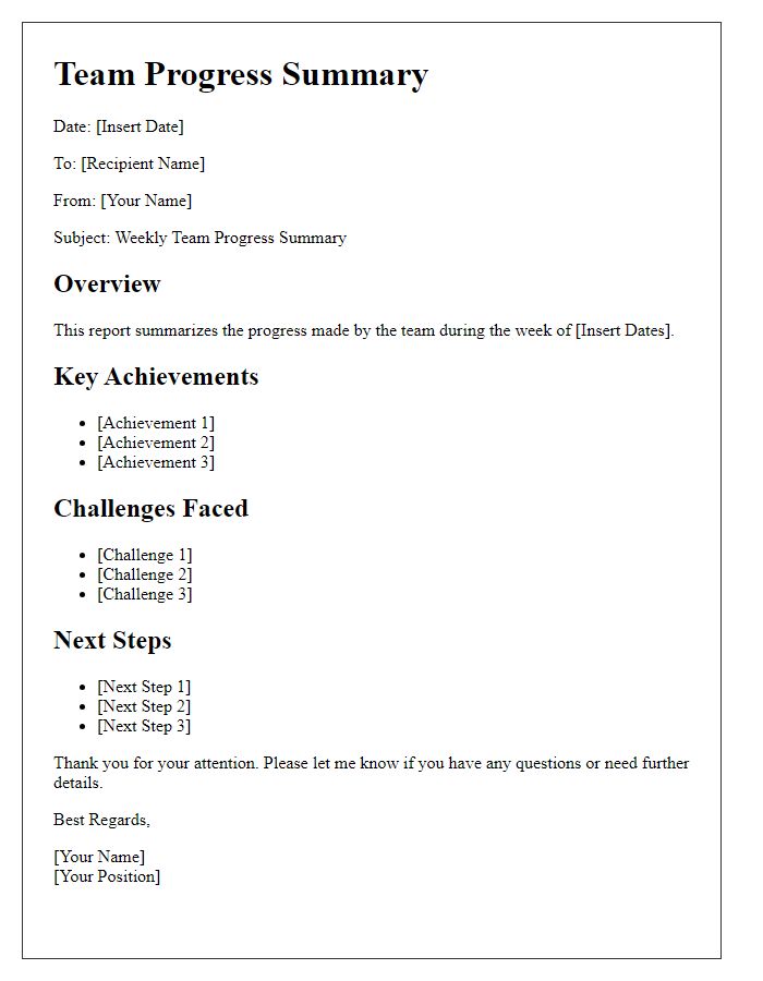 Letter template of team progress summary