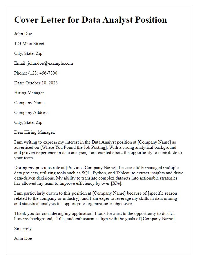 Letter template of a technology industry cover letter for data analyst role.