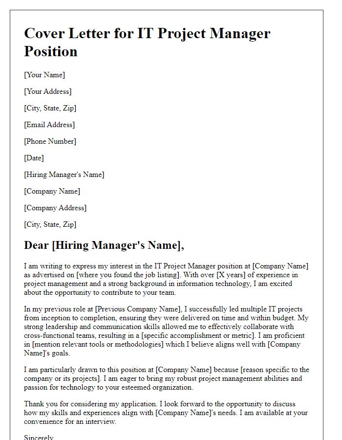 Letter template of a technology industry cover letter for IT project manager application.