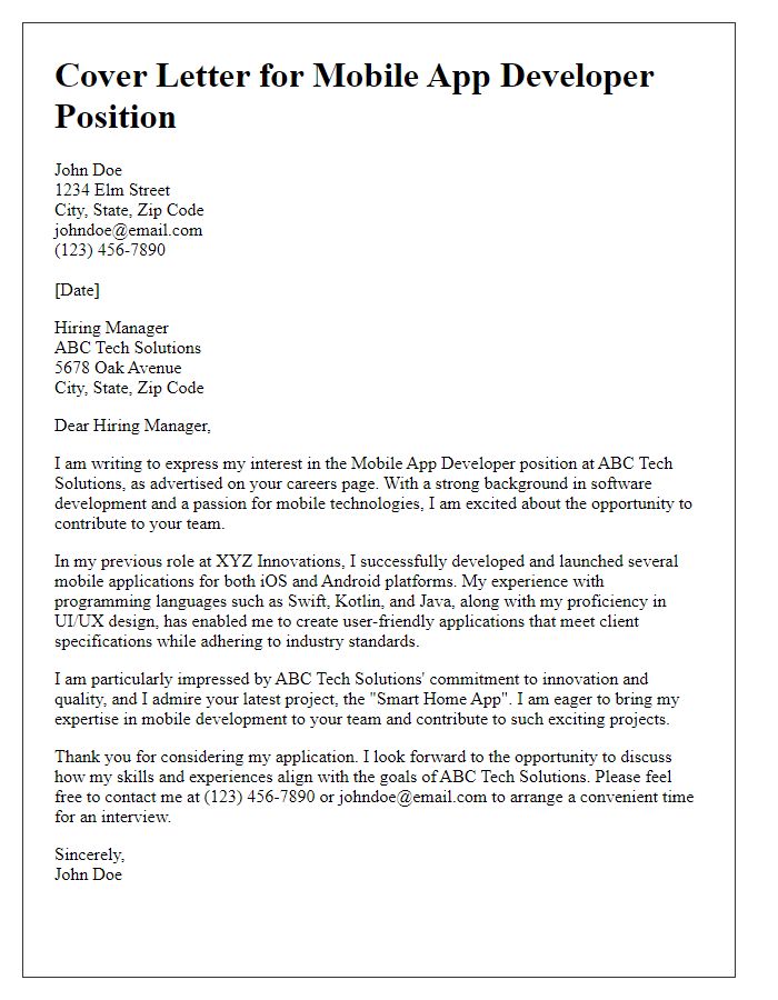 Letter template of a technology industry cover letter for mobile app developer application.