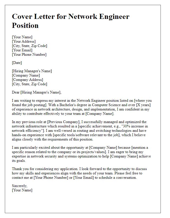 Letter template of a technology industry cover letter for network engineer position.