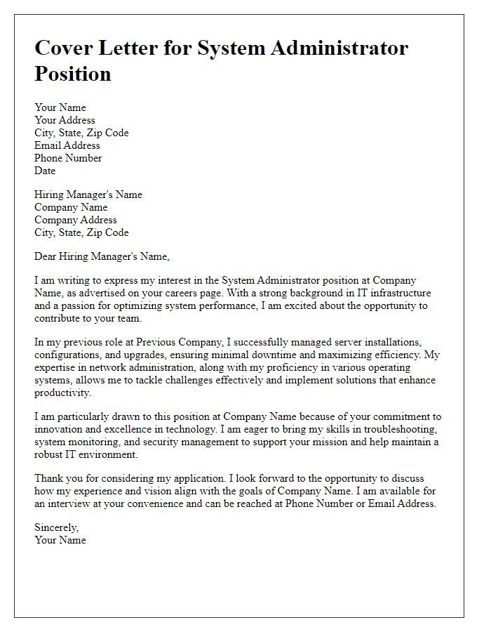 Letter template of a technology industry cover letter for system administrator position.