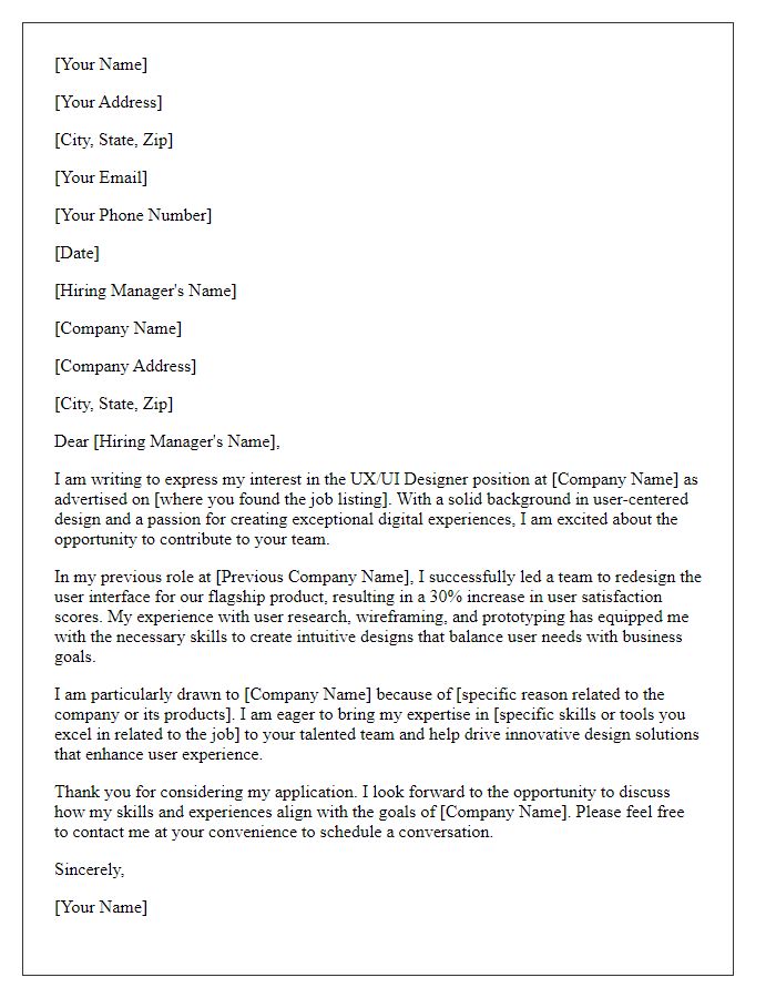 Letter template of a technology industry cover letter for UX/UI designer application.