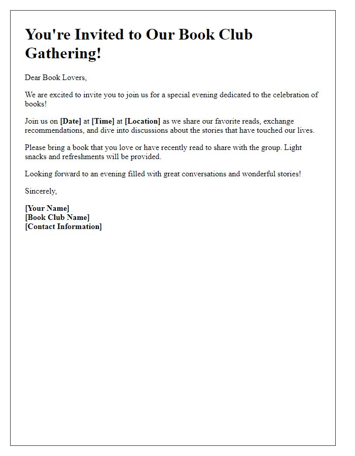 Letter template of an invitation to share and celebrate books in our club.