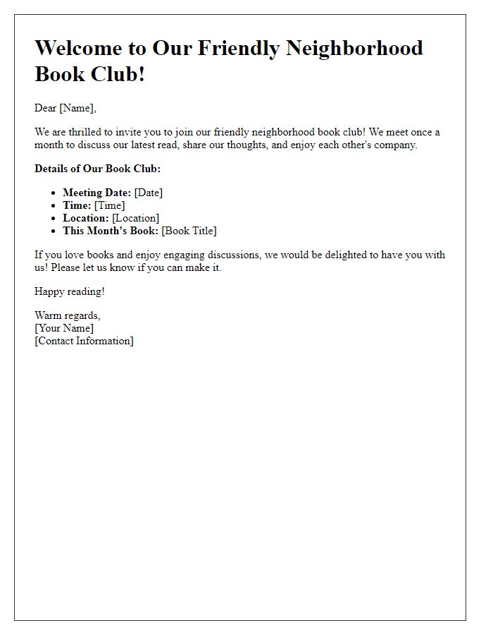 Letter template of joining our friendly neighborhood book club.