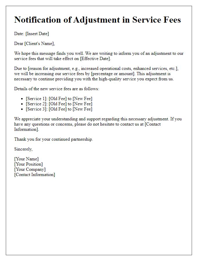 Letter template of adjustment in service fees notification