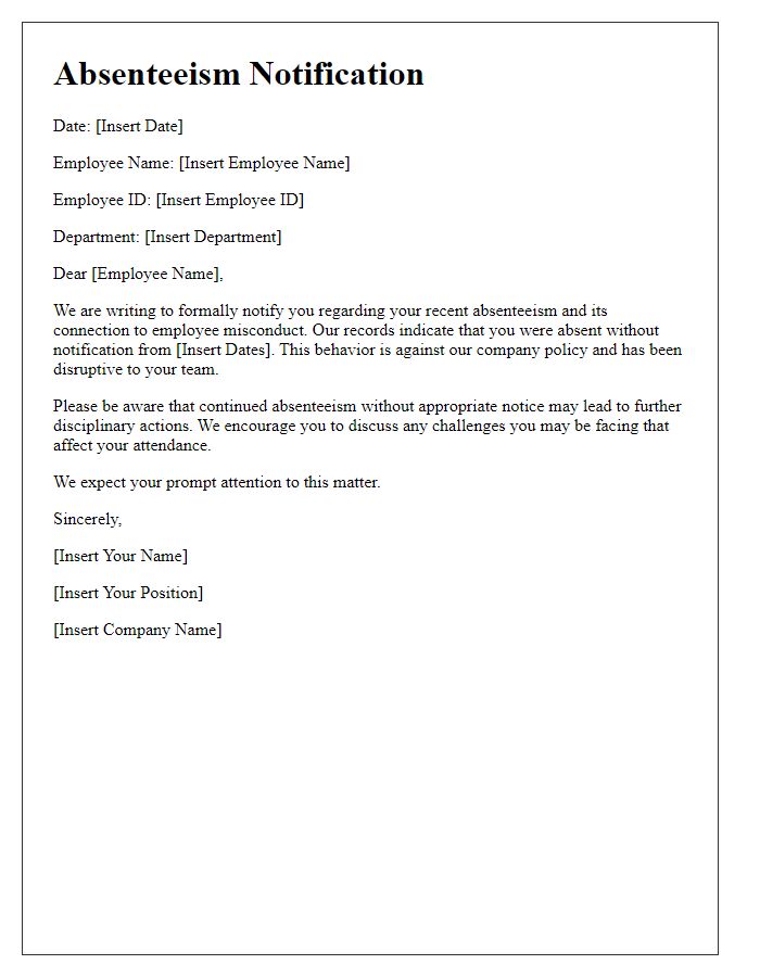 Letter template of absenteeism notification for employee misconduct.