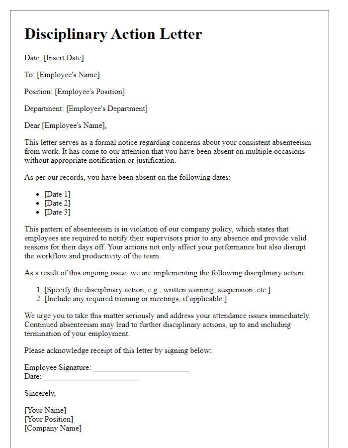 Letter template of disciplinary action for consistent absenteeism by employee.