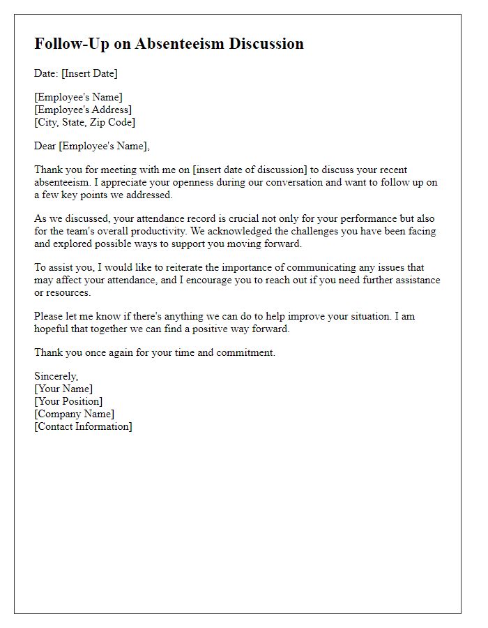 Letter template of follow-up on absenteeism discussion with employee.