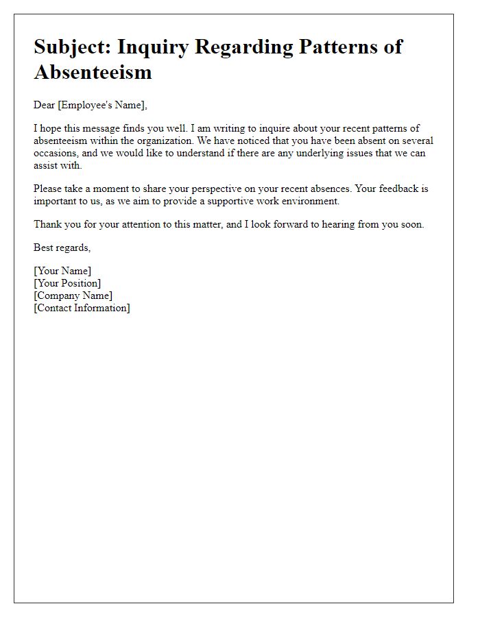 Letter template of inquiry regarding patterns of absenteeism by employee.