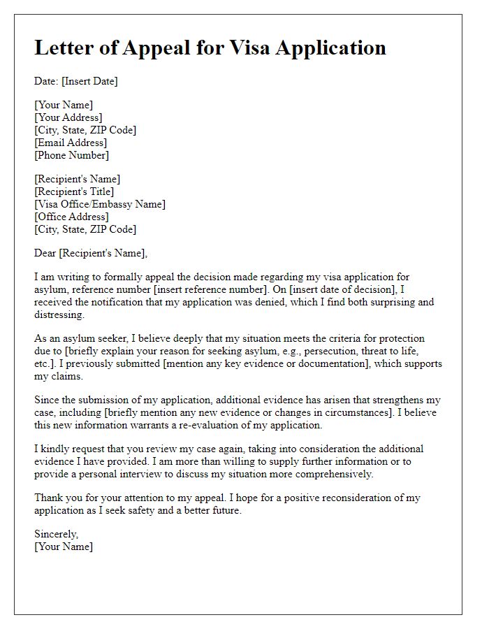 Letter template of visa application appeal for asylum seeker application