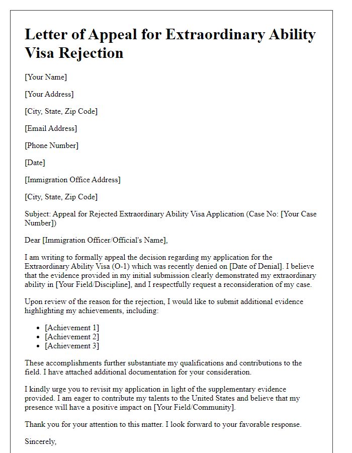 Letter template of visa application appeal for extraordinary ability visa rejection