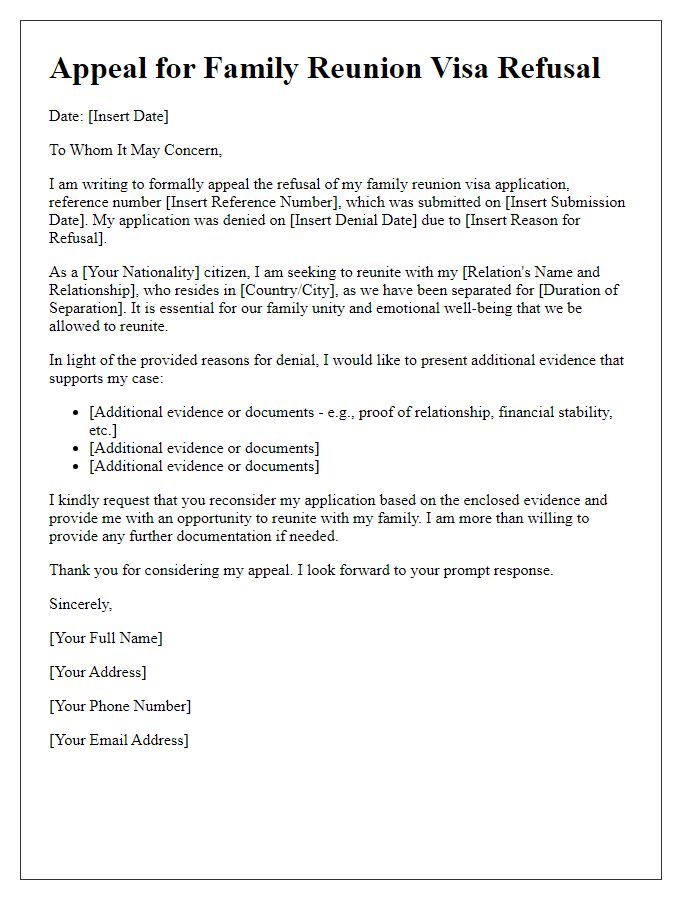 Letter template of visa application appeal for family reunion visa refusal