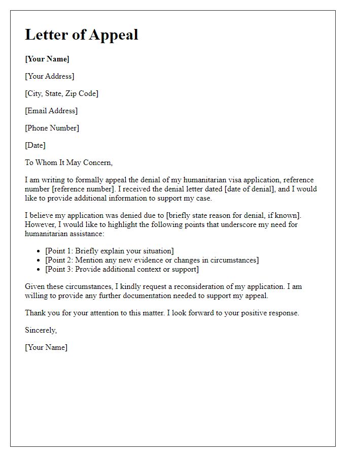 Letter template of visa application appeal for humanitarian visa denial