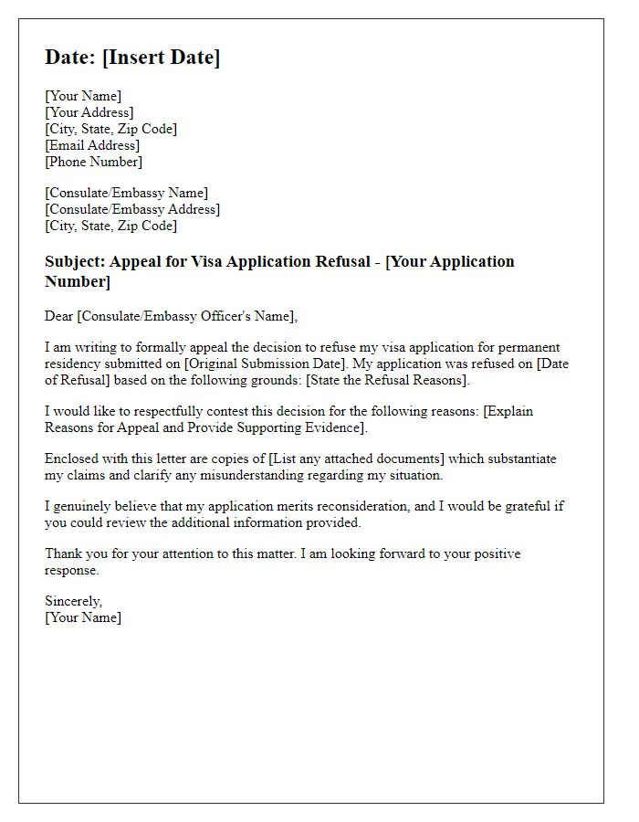 Letter template of visa application appeal for permanent residency refusal