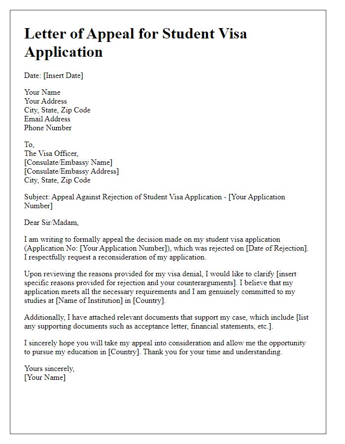 Letter template of visa application appeal for student visa rejection