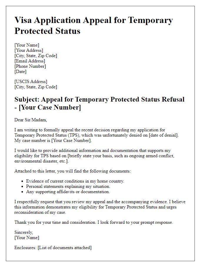 Letter template of visa application appeal for temporary protected status refusal