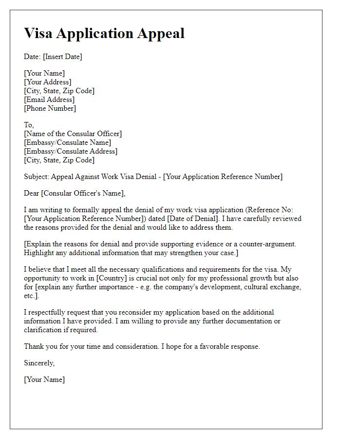 Letter template of visa application appeal for work visa denial