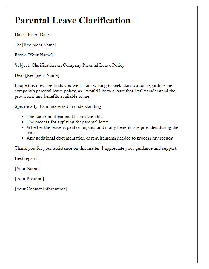 Letter template of parental leave clarification on company policy.