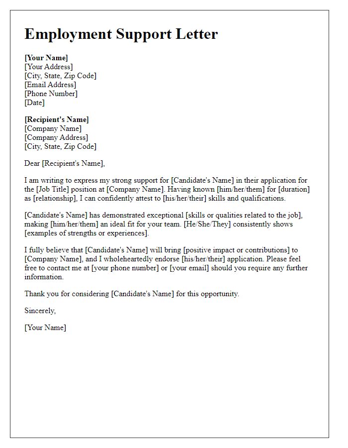 Letter template of backing for employment position