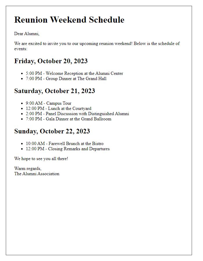 Letter template of reunion weekend schedule