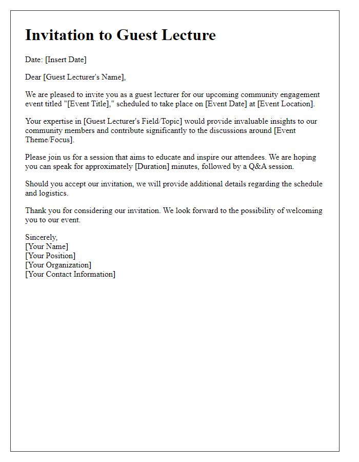 Letter template of invitation for guest lecturer for a community engagement event.