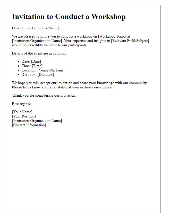 Letter template of invitation for guest lecturer to conduct a workshop.