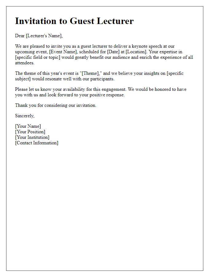 Letter template of invitation for guest lecturer to deliver a keynote speech.