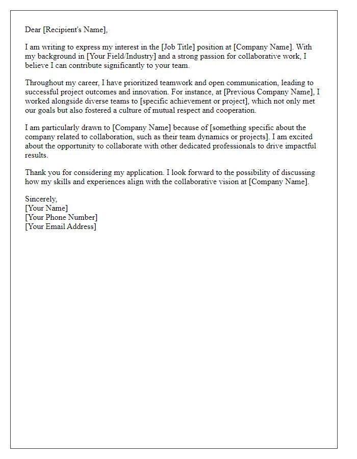 Letter template of collaboration-focused cover letter