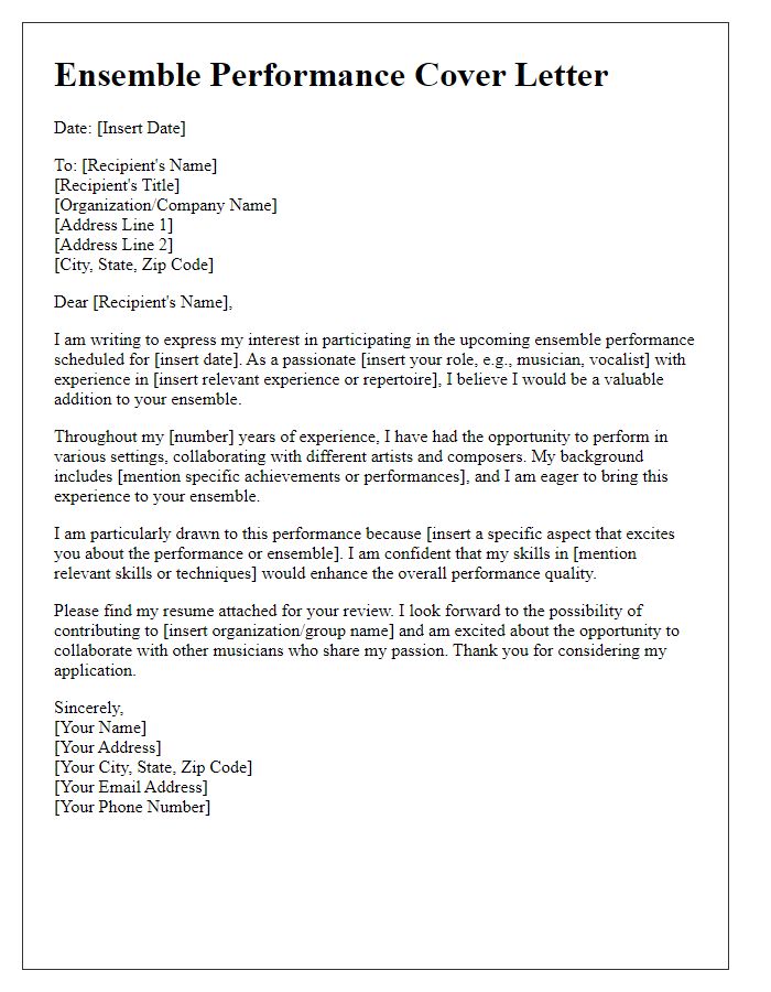 Letter template of ensemble performance cover letter