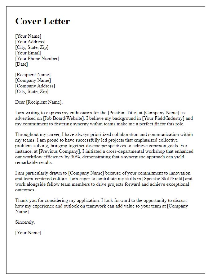 Letter template of synergy in teamwork cover letter