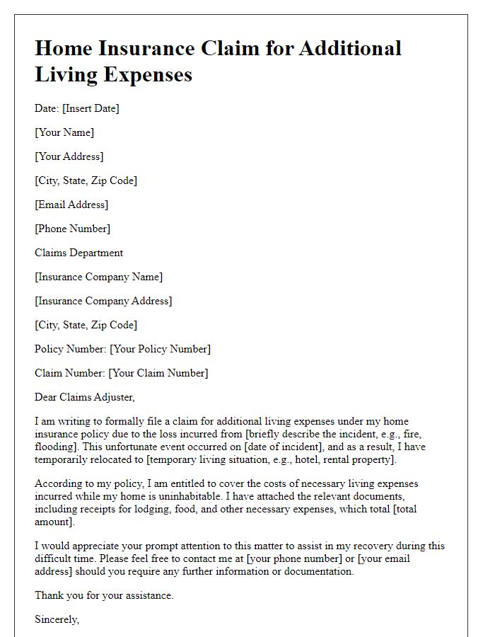 Letter template of home insurance claim for additional living expenses