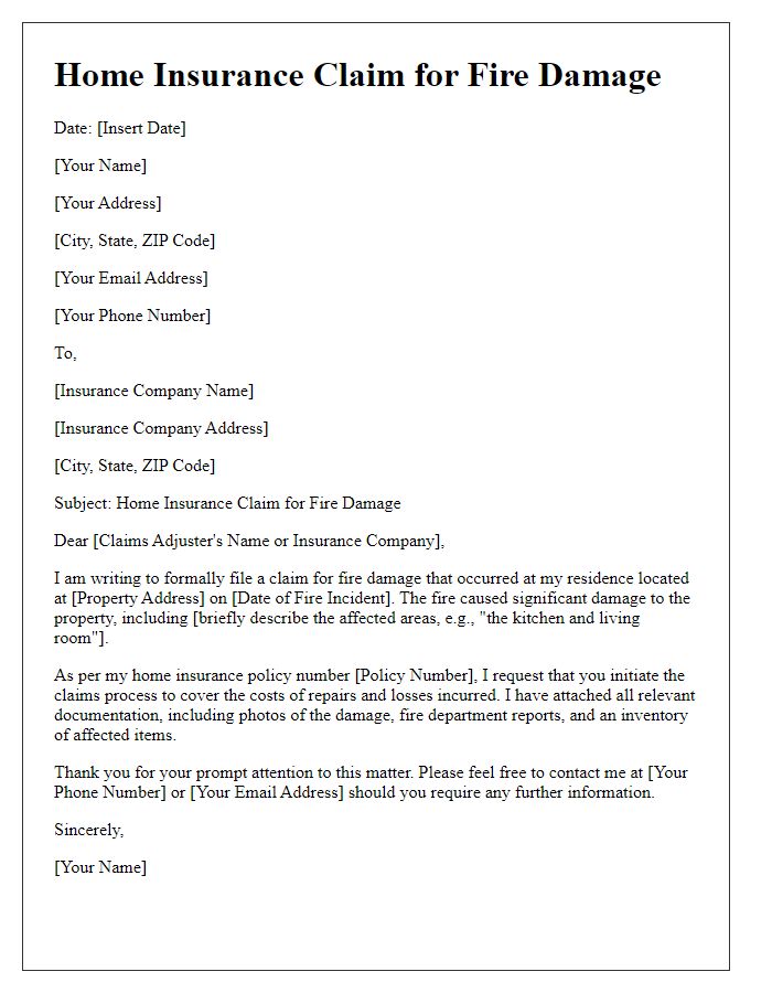 Letter template of home insurance claim for fire damage