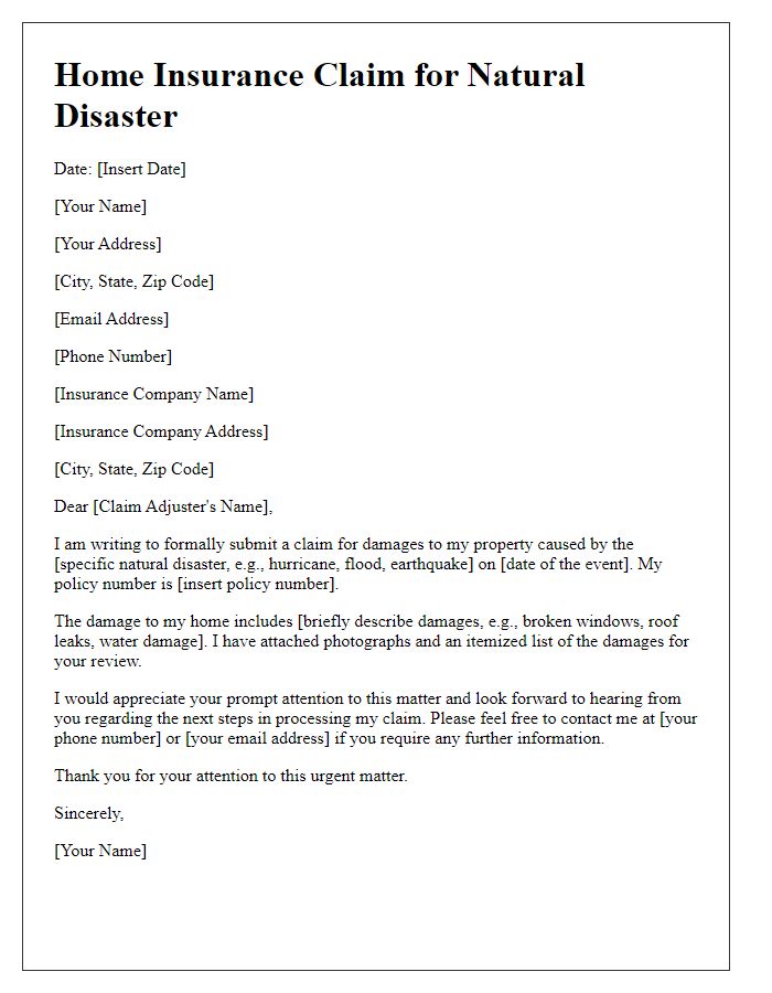 Letter template of home insurance claim for natural disaster