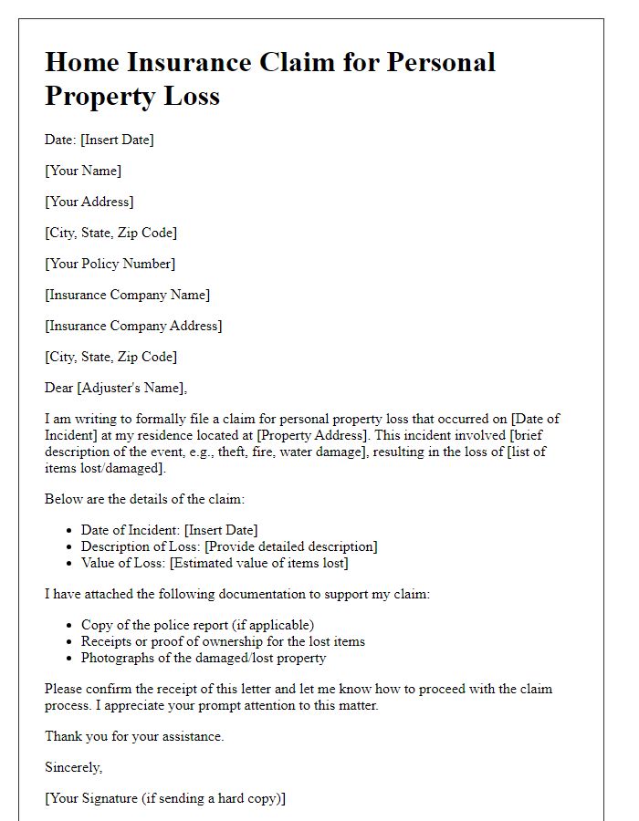 Letter template of home insurance claim for personal property loss