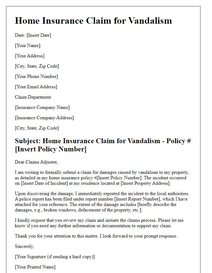 Letter template of home insurance claim for vandalism