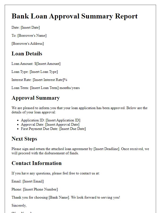 Letter template of bank loan approval summary report