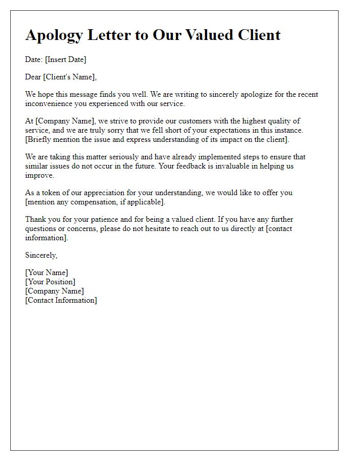 Letter template of customer service apology to client