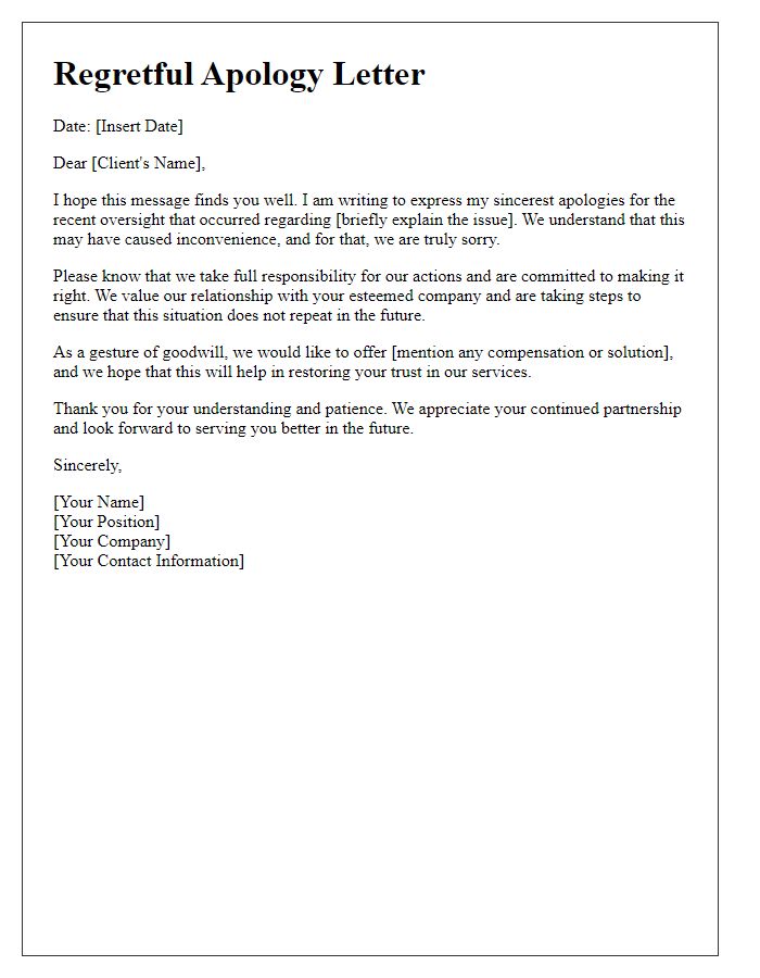 Letter template of regretful apology to corporate client