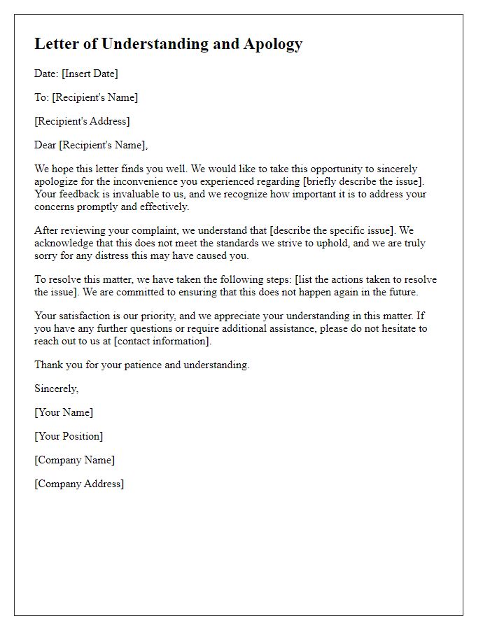 Letter template of understanding apology for complaint resolution