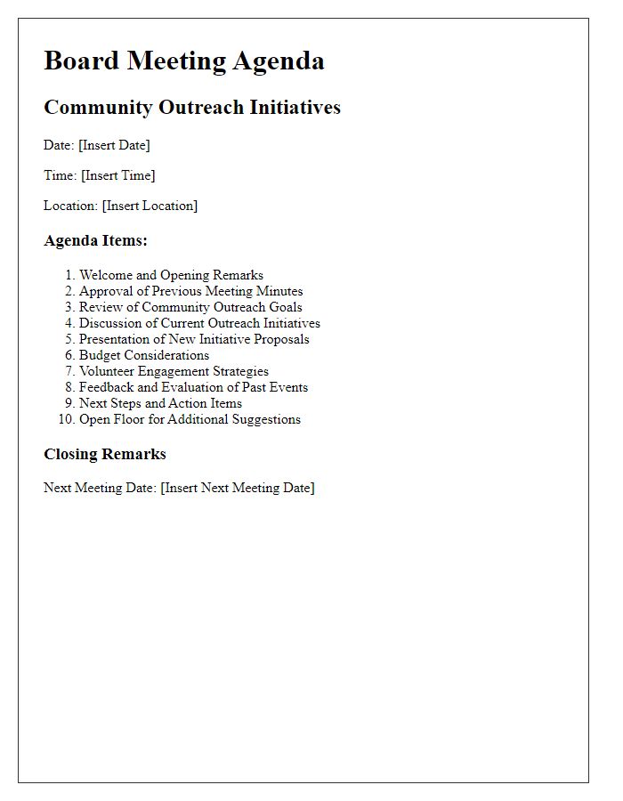 Letter template of board meeting agenda for community outreach initiatives