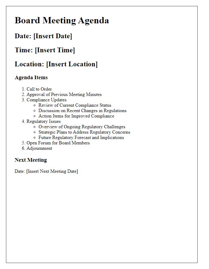 Letter template of board meeting agenda for compliance and regulatory issues