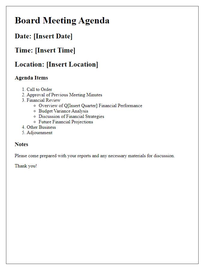 Letter template of board meeting agenda for financial review