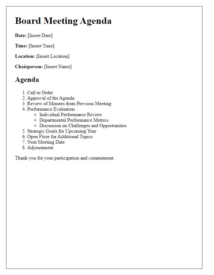 Letter template of board meeting agenda for performance evaluation