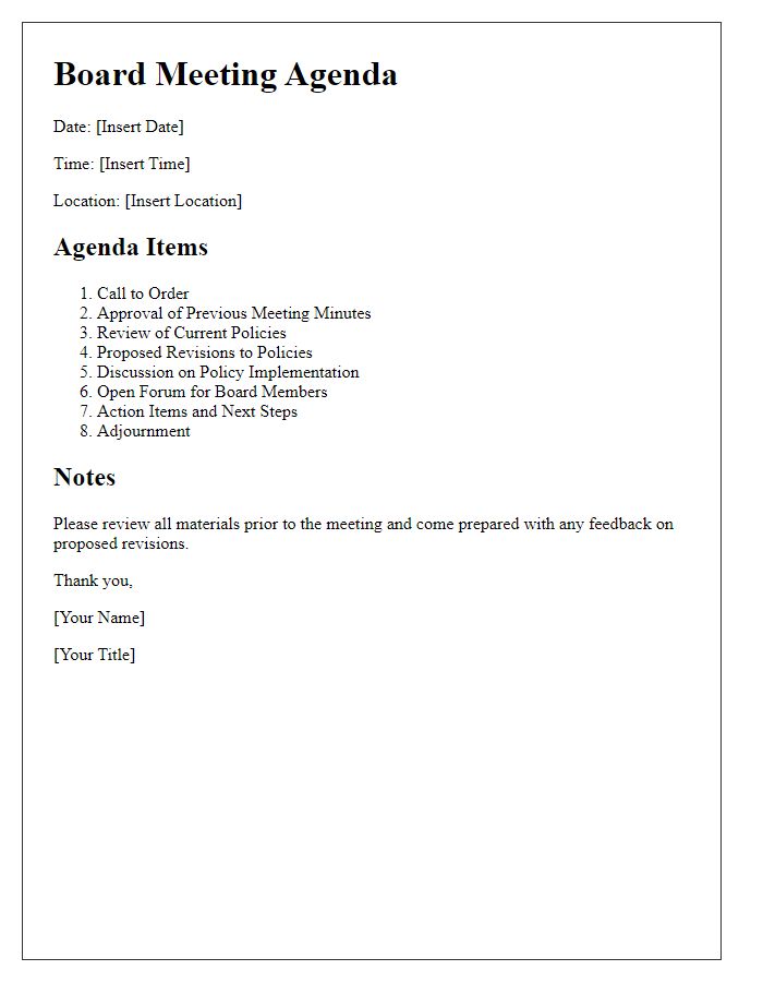 Letter template of board meeting agenda for policy revisions