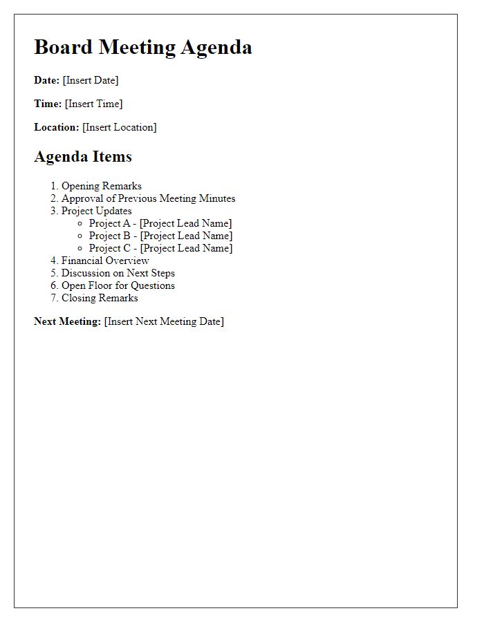 Letter template of board meeting agenda for project updates