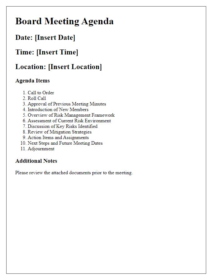 Letter template of board meeting agenda for risk management assessment